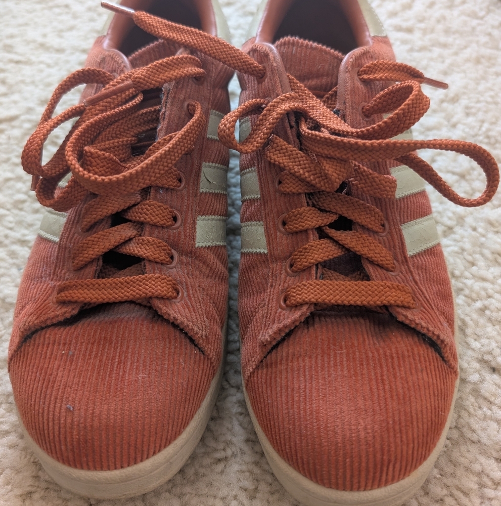 Women's Adidas Campus Orange Corduroy Sneakers with White Stripes size 9